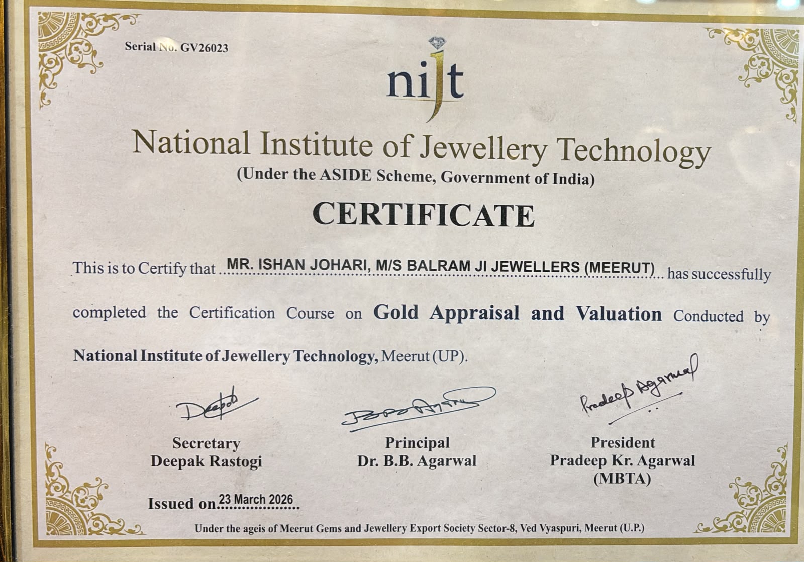 Certificate of Excellence - National Institute of Jewellery Technology